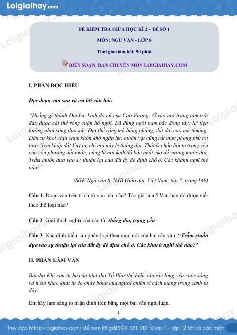 Đề thi giữa kì 2 Văn 8 - Đề số 1
